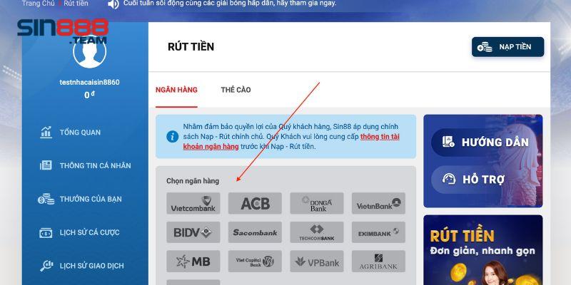 Liên kết tài khoản ngân hàng để rút tiền tại Sin88