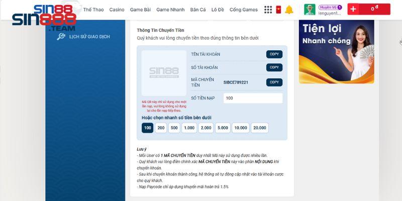 Nạp tiền siêu nhanh Sin88 - Hướng dẫn phương thức thực hiện